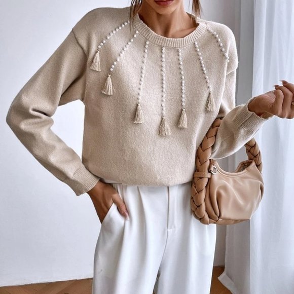 MODA ME COUTURE Sweaters - Pearls Beaded Tassel Trim Sweater